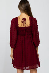 Burgundy Textured Dot Smocked Square Neck Chiffon Maternity Dress