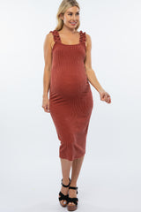 Rust Fitted Ruffle Strap Maternity Dress
