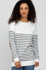 Heather Grey Striped Elbow Patch Knit Maternity Sweater