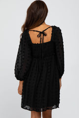 Black Textured Dot Smocked Square Neck Chiffon Dress