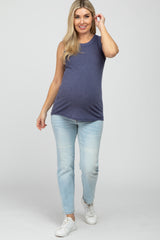 Blue Ribbed Sleeveless Maternity Top