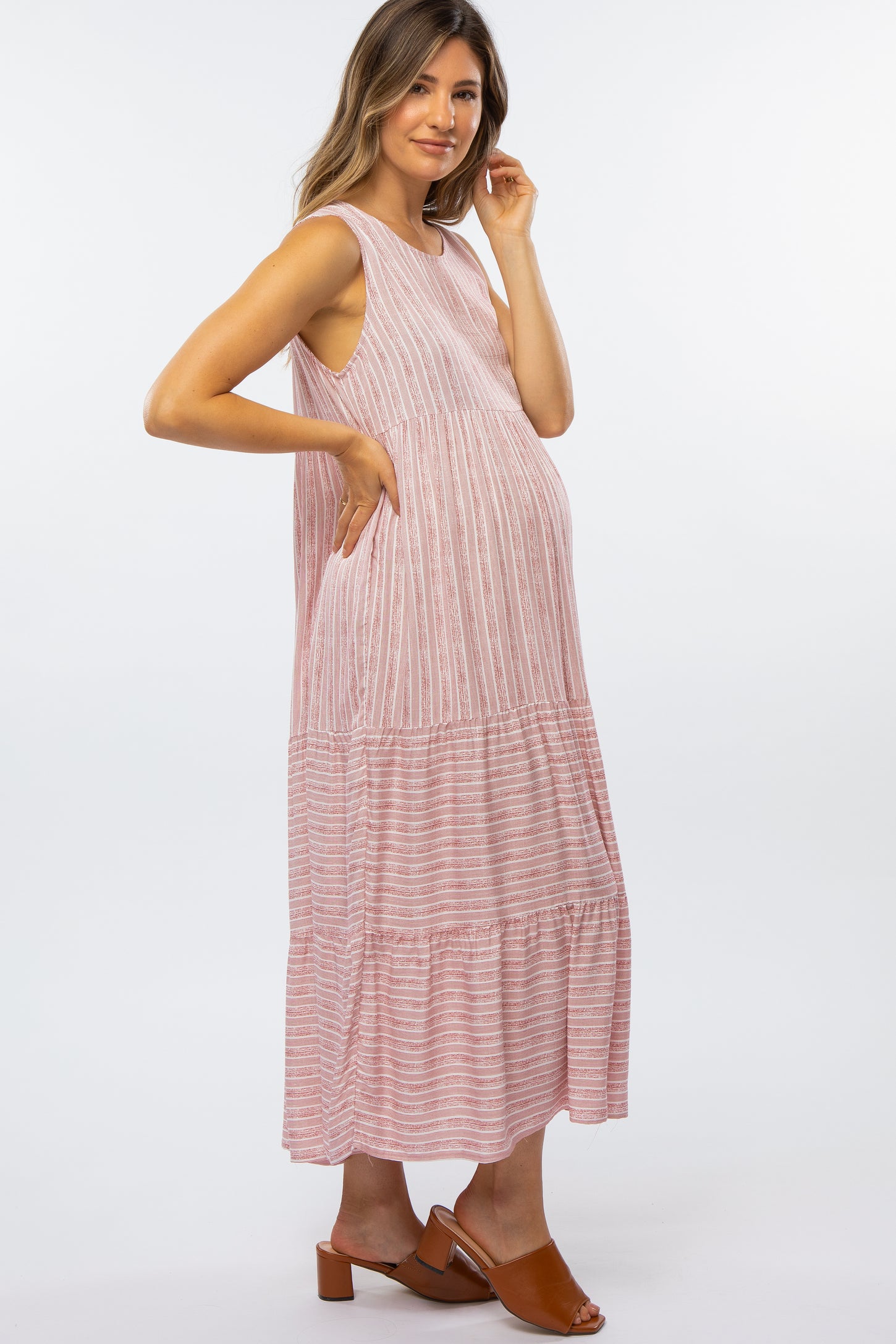 Mauve Striped Tiered Maternity Midi Dress