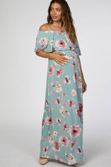Mint Green Floral Off Shoulder Maternity Maxi Dress