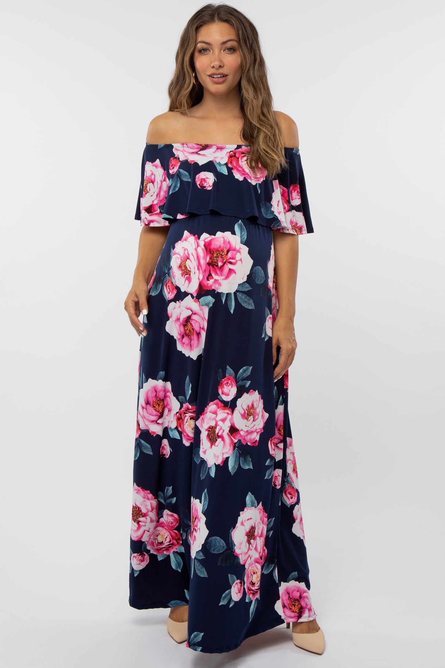 Navy Floral Off Shoulder Flounce Maternity Maxi Dress