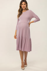 Lavender Tiered Ribbed 3/4 Sleeve Maternity Midi Dress