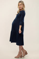 Navy Tiered Ribbed 3/4 Sleeve Maternity Midi Dress