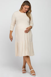 Beige Tiered Ribbed 3/4 Sleeve Plus Maternity Midi Dress