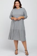 Heather Grey Tiered Ribbed 3/4 Sleeve Plus Midi Dress