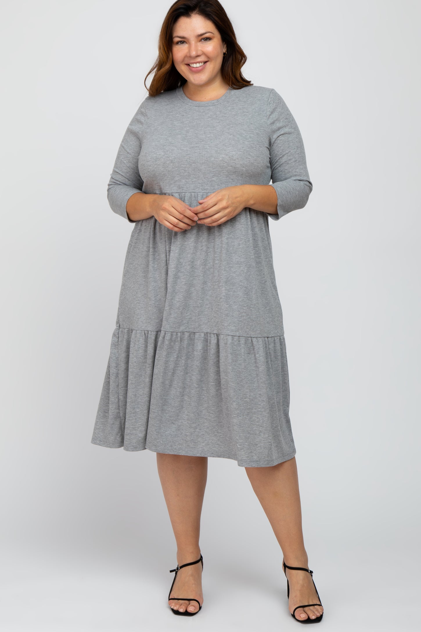 Heather Grey Tiered Ribbed 3/4 Sleeve Plus Maternity Midi Dress
