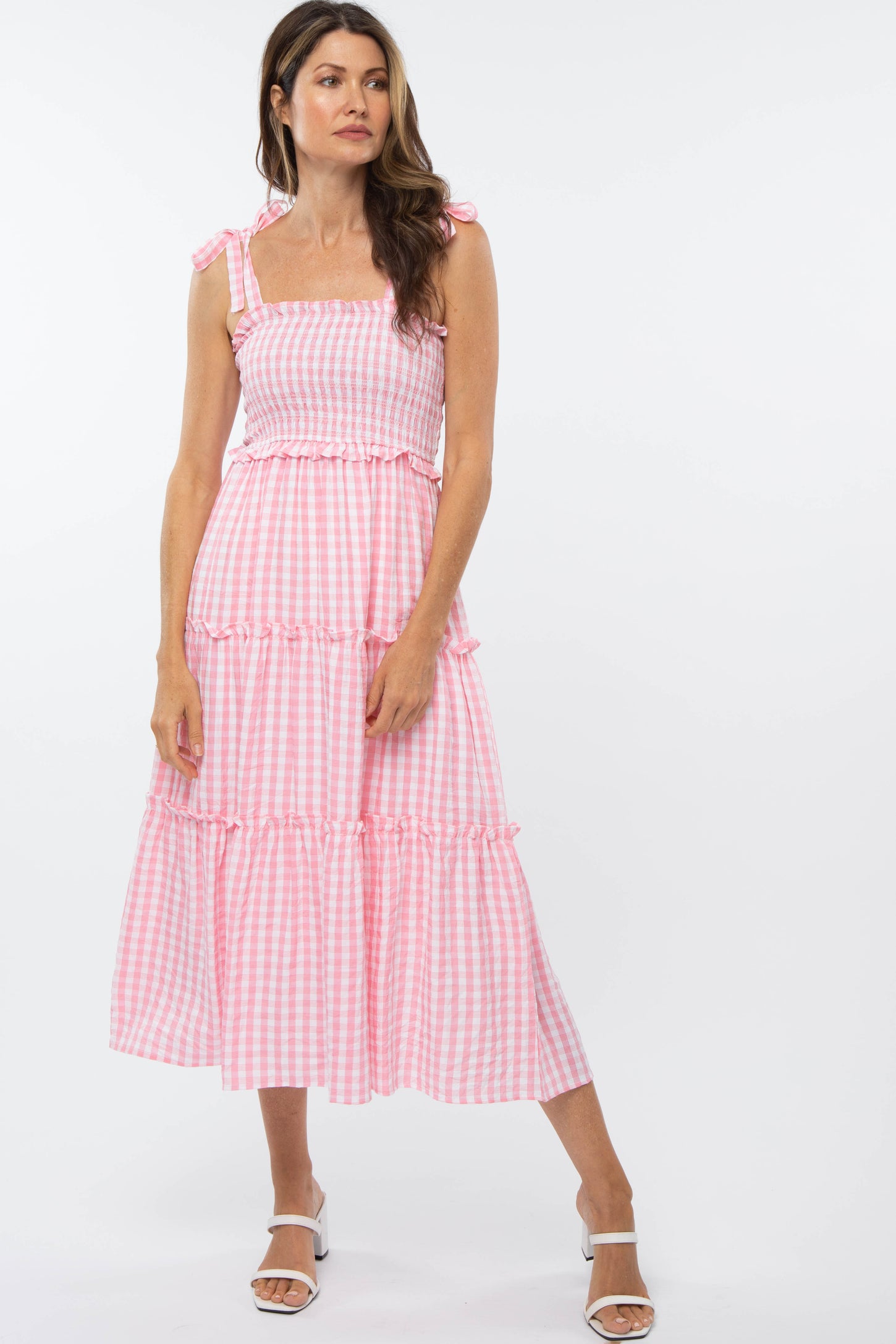 Pink Gingham Ruffle Tiered Maternity Midi Dress