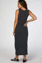 Black Striped Wrap Hem Maternity Midi Dress