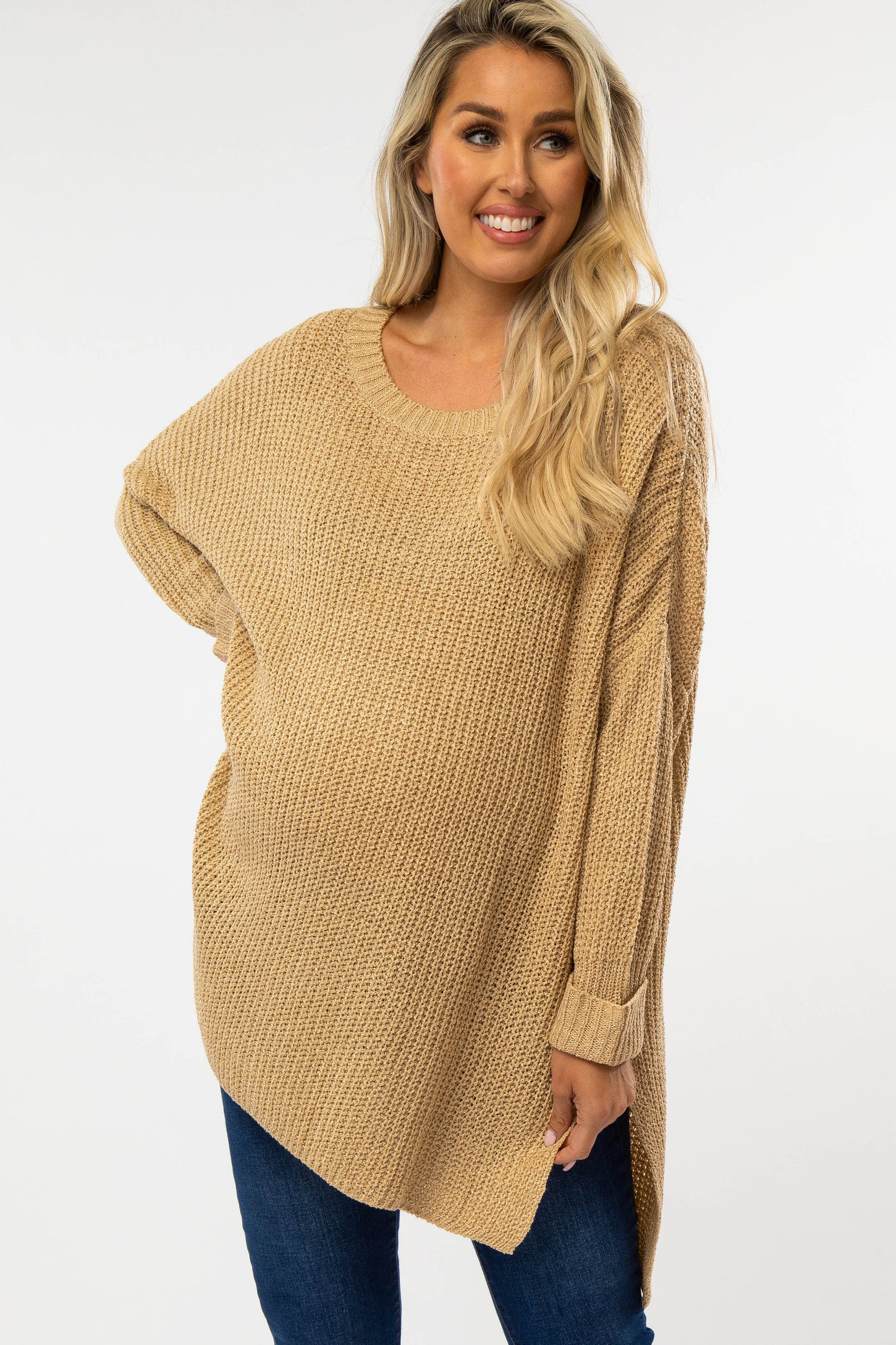 Beige Hi Low Side Slit Cuff Sleeve Maternity Sweater