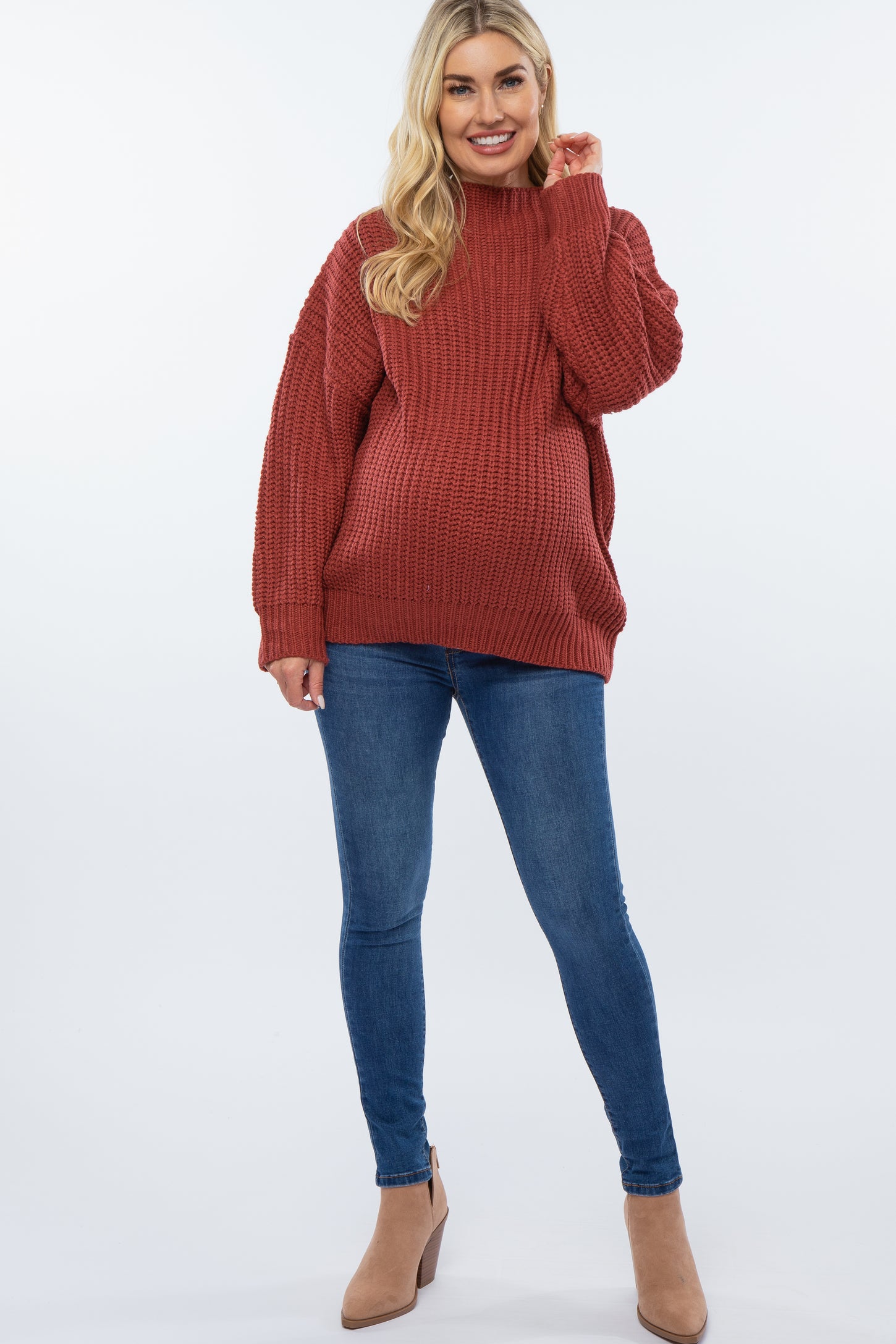 Rust Pullover Knit Mock Neck Maternity Sweater