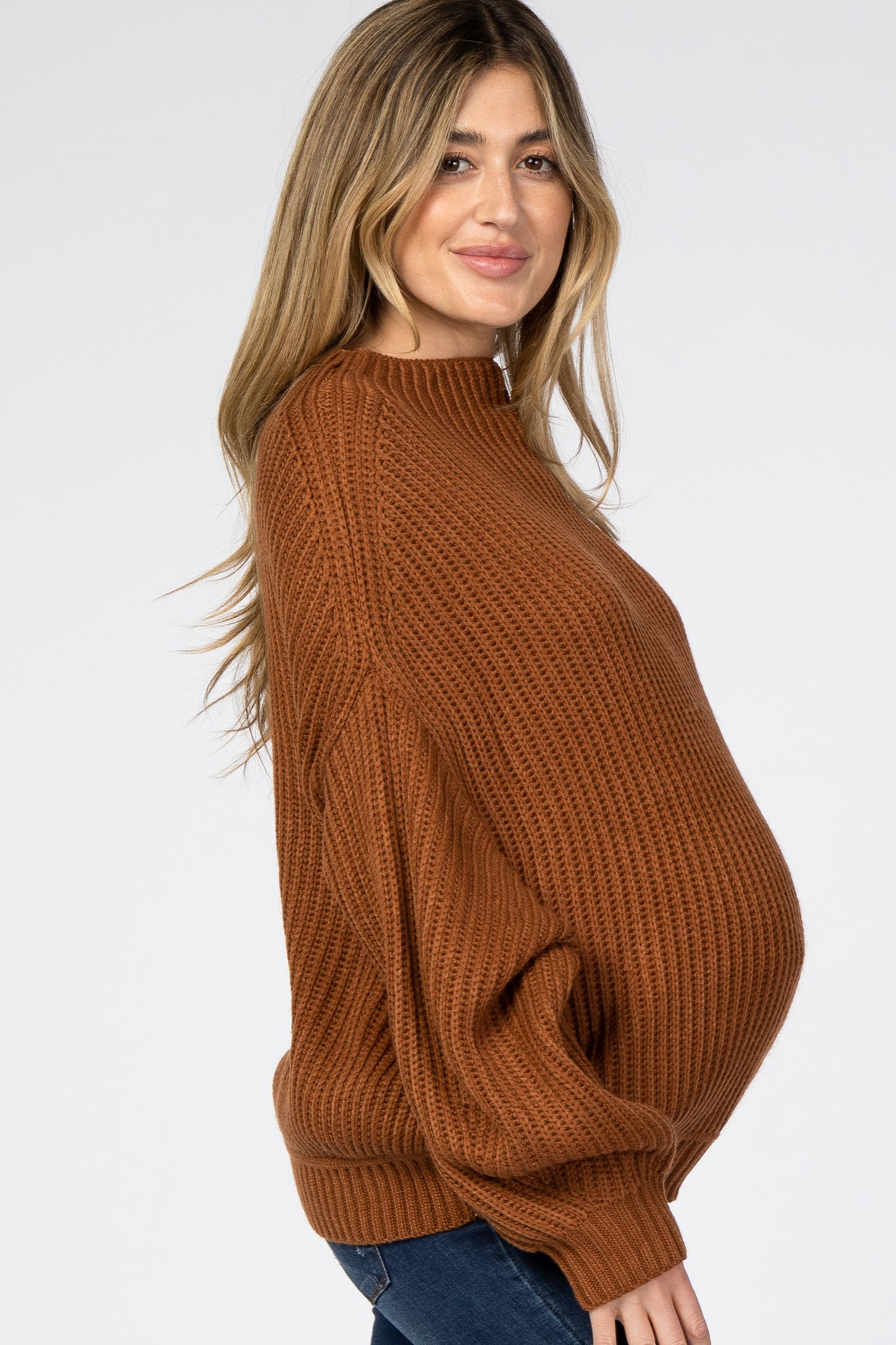 Camel Mock Neck Puff Sleeve Maternity Sweater