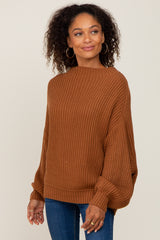 Camel Mock Neck Puff Sleeve Maternity Sweater