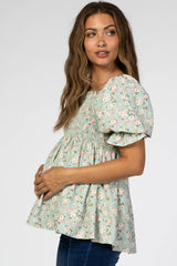 Mint Floral Smocked Puff Sleeve Maternity Blouse