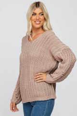 Taupe Chunky Knit V-Neck Sweater