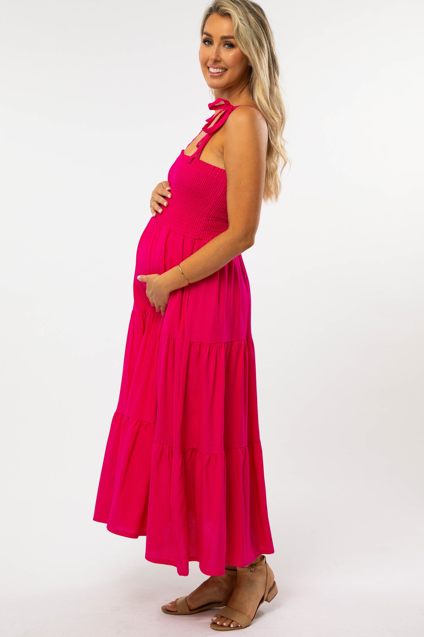 Fuchsia Tiered Shoulder Tie Maternity Dress