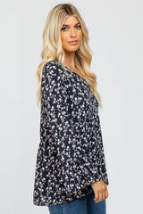 Navy Blue Floral Bell Sleeve Top