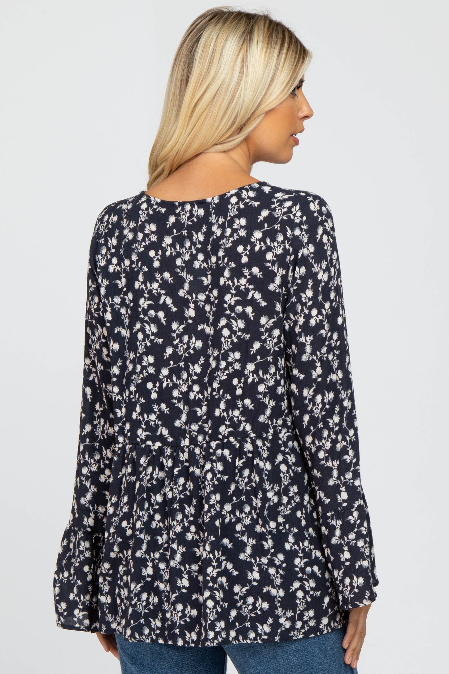 Navy Blue Floral Bell Sleeve Top