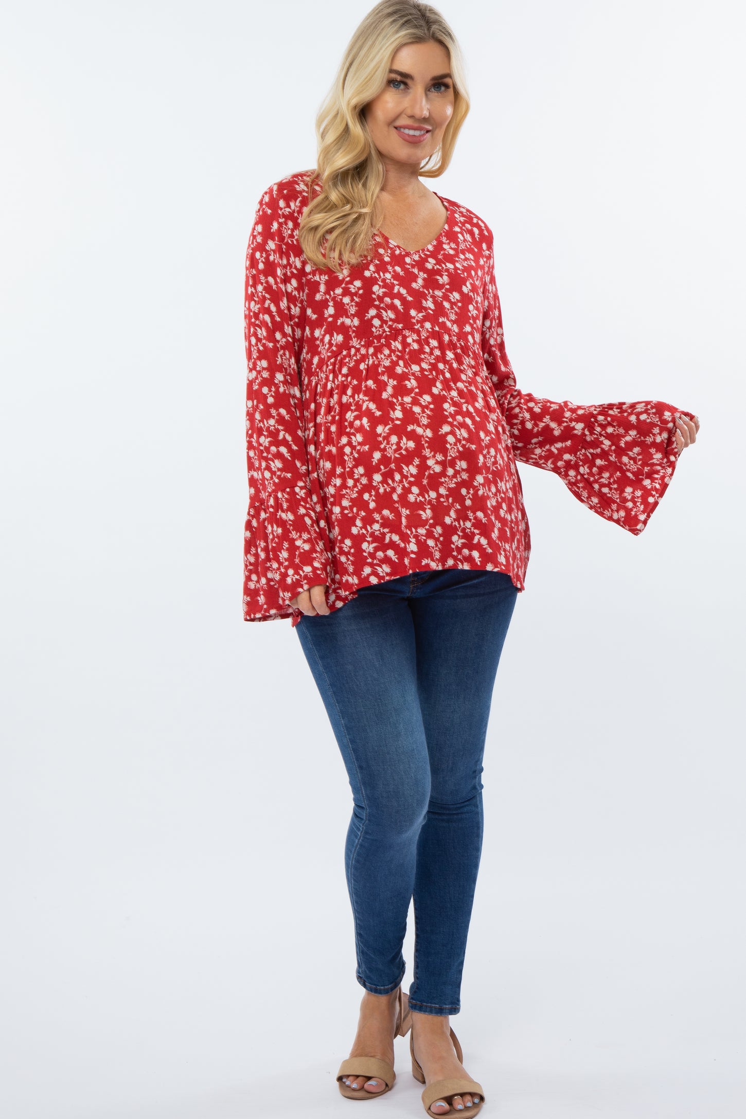 Red Floral Bell Sleeve Maternity Top