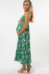 Green Floral Square Neck Smocked Maternity Midi Dress