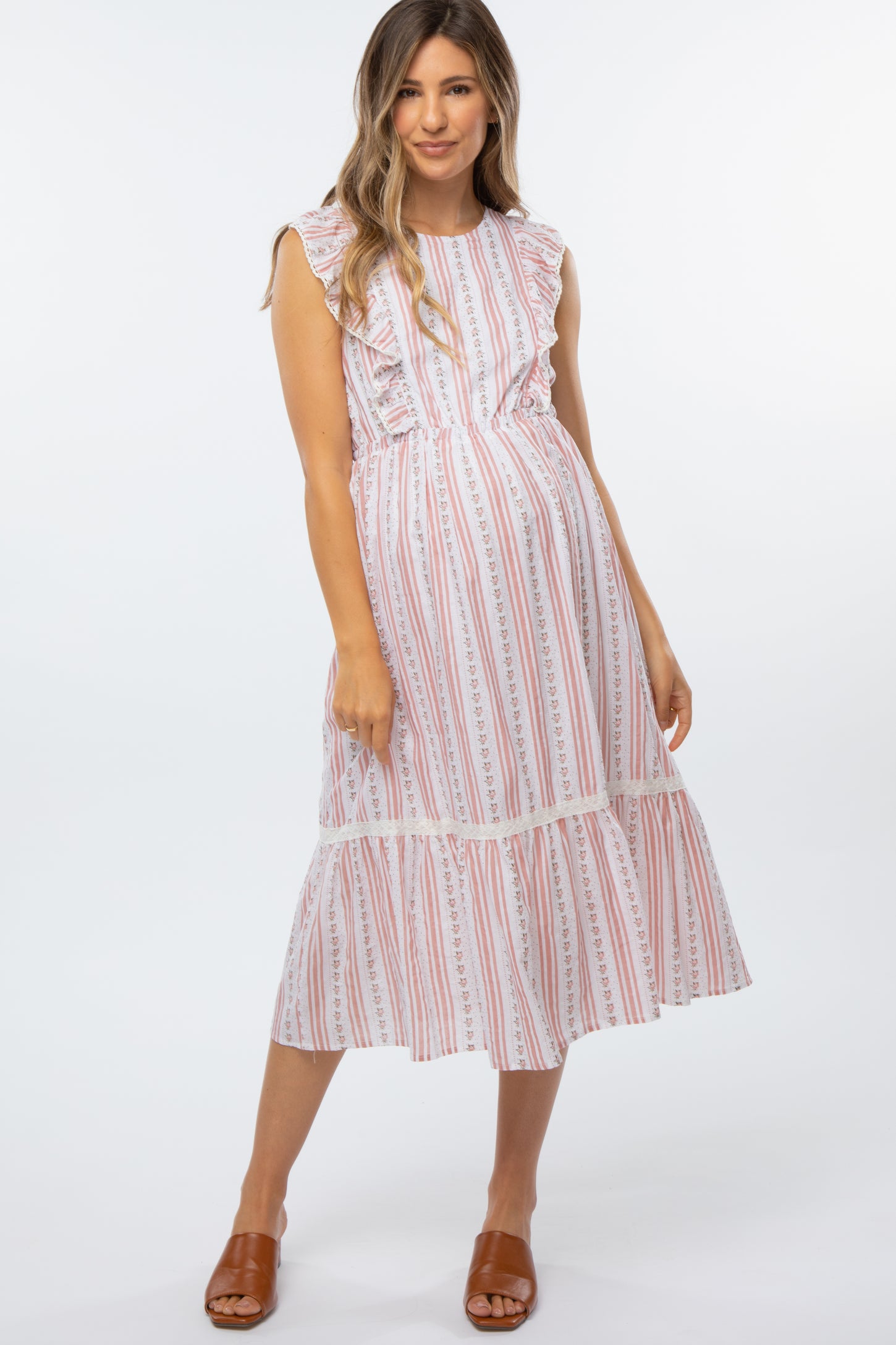 Pink Floral Striped Ruffle Front Maternity Midi Dress