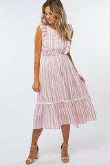 Pink Floral Striped Ruffle Front Midi Dress
