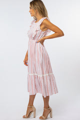 Pink Floral Striped Ruffle Front Midi Dress