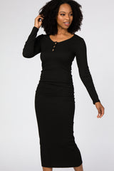 Black Ribbed Fitted Midi Dress