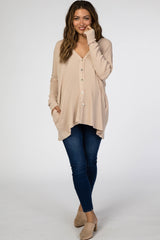 Beige Waffle Knit Button Front Maternity Cardigan
