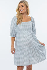Mint Green Square Neck Checkered Pleated Tier Maternity Dress