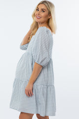 Mint Green Square Neck Checkered Pleated Tier Maternity Dress