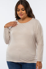 Beige Striped Dolman Long Sleeve Maternity Plus Top