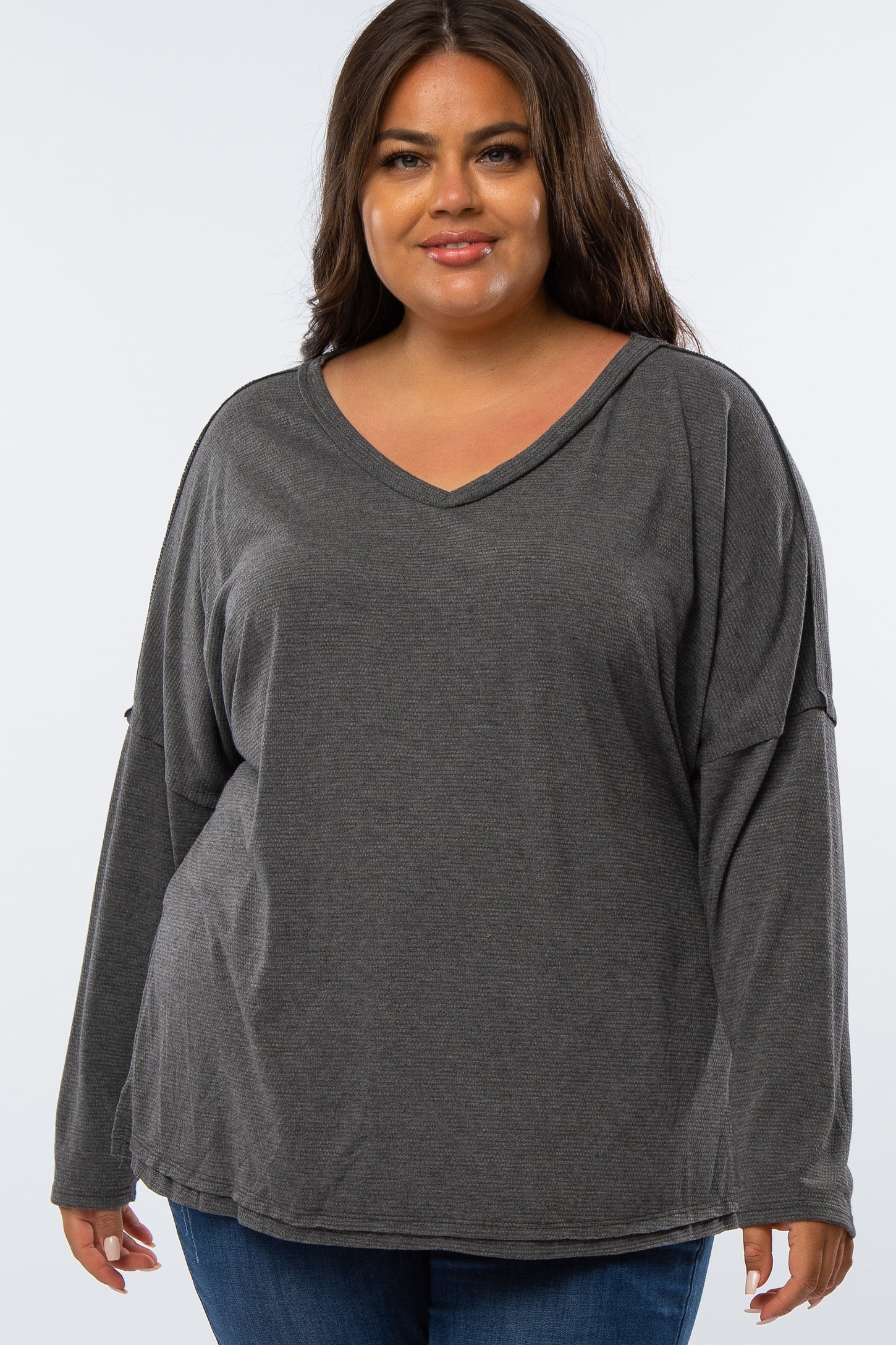 Charcoal Waffle Knit Long Sleeve Plus Top