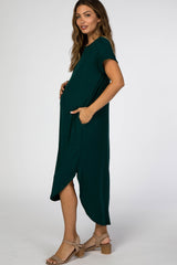 Forest Green Ribbed Curved Hem Maternity Midi Dress