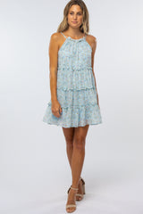 Light Blue Floral Tiered Ruffle Accent Maternity Dress