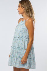 Light Blue Floral Tiered Ruffle Accent Dress
