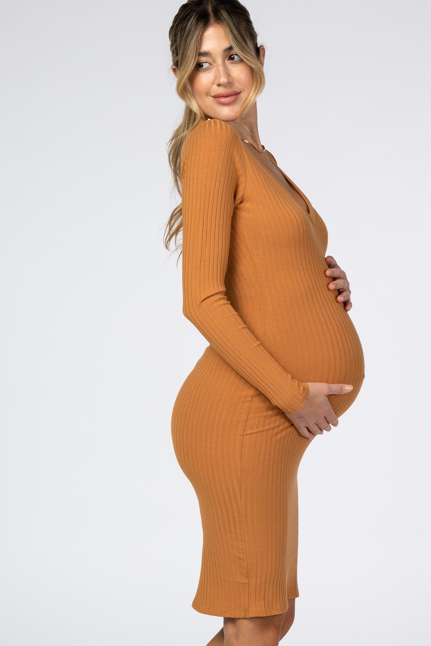 Camel Ribbed Fitted Long Sleeve Maternity Dress