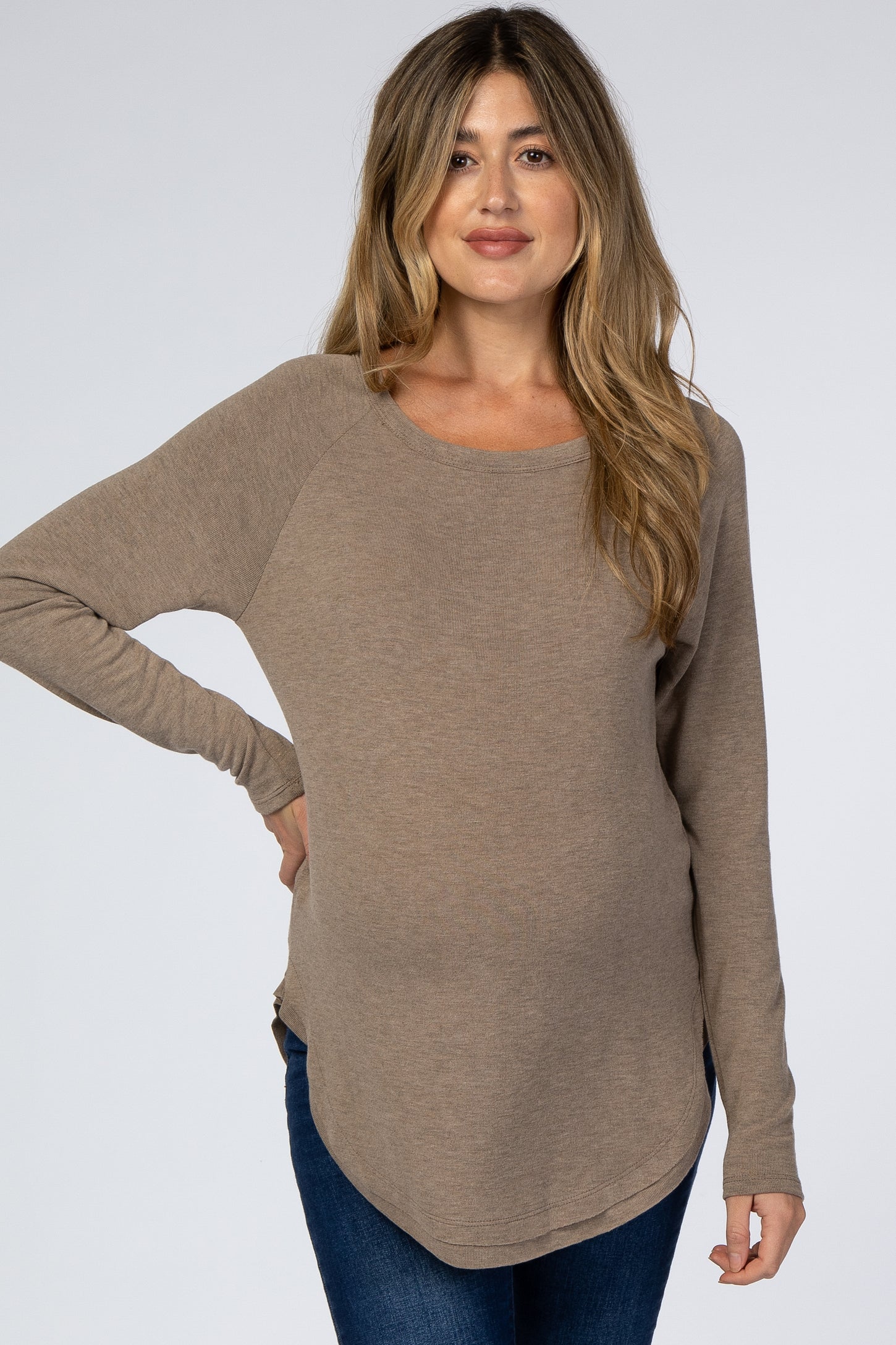 Taupe Hi-Low Rounded Raw Edge Hem Maternity Top
