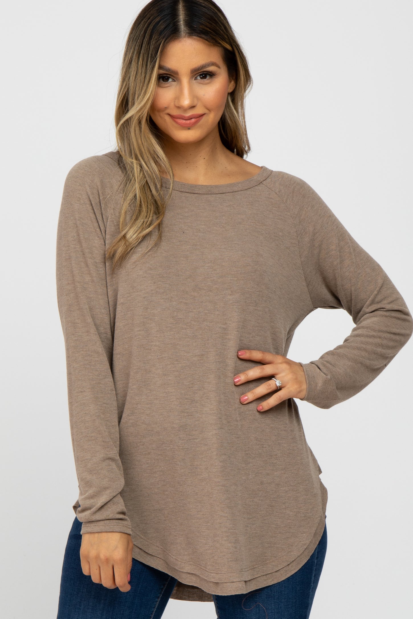 Taupe Hi-Low Rounded Raw Edge Hem Maternity Top