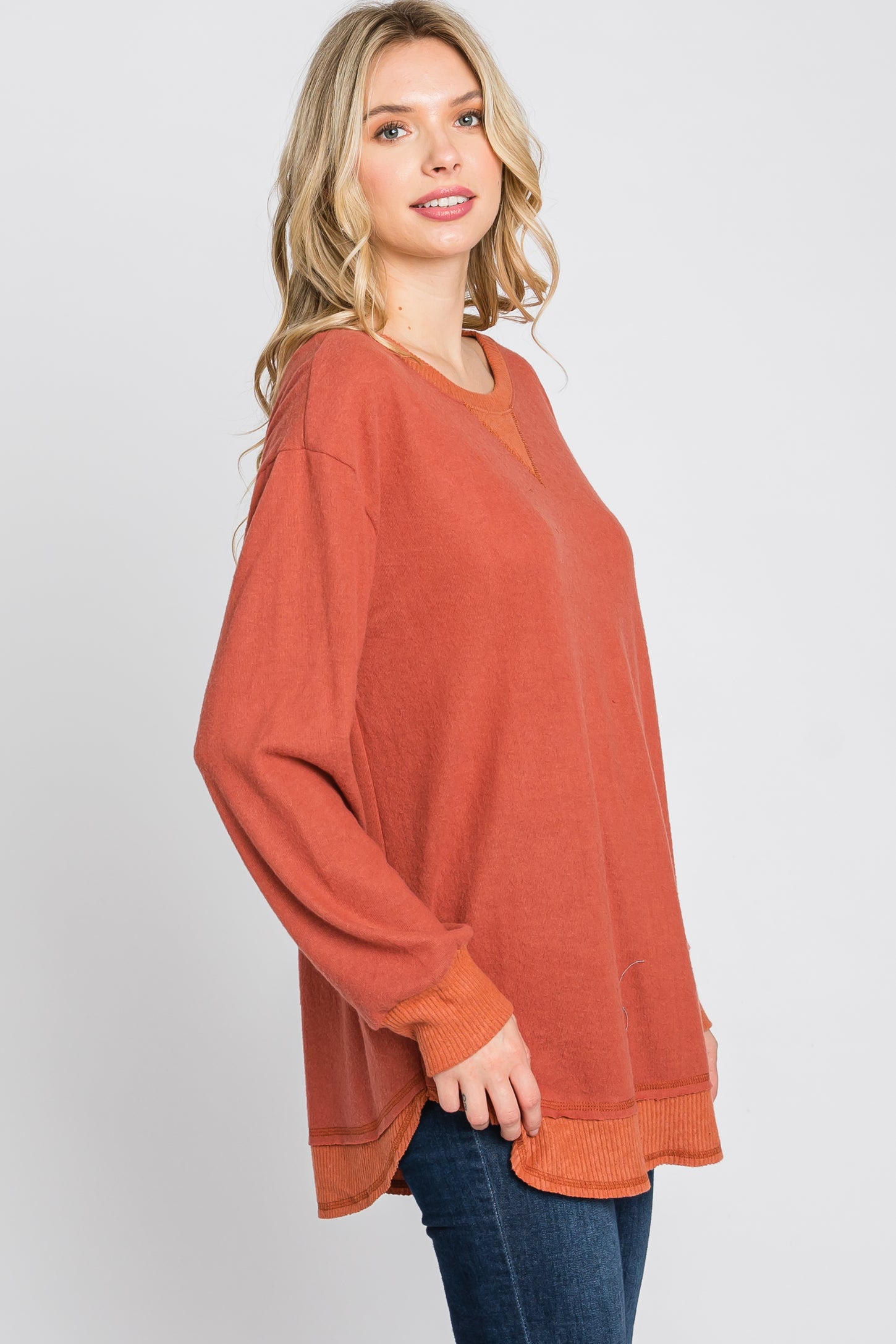 Rust Brushed Knit Rib Contrast Top