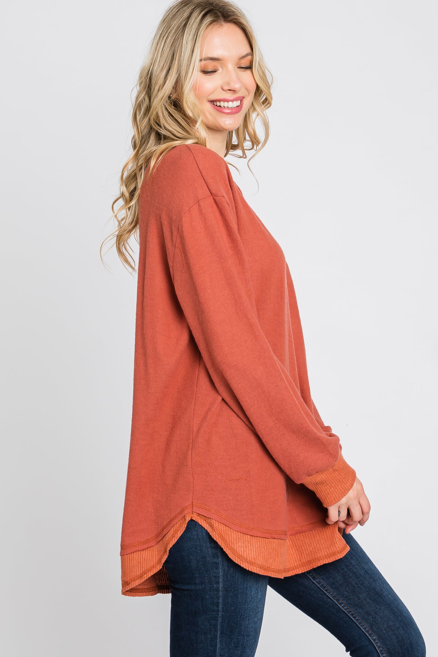 Rust Brushed Knit Rib Contrast Top