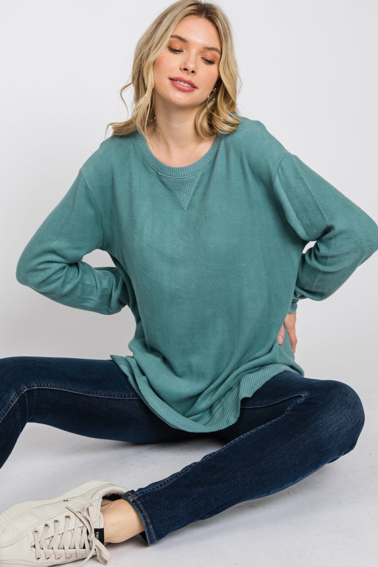 Teal Brushed Knit Rib Contrast Top