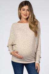 Beige Soft Knit Wide Neck Dolman Button Sleeve Maternity Top