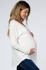 White Textured Long Sleeve Drop Shoulder V-Neck Maternity Top