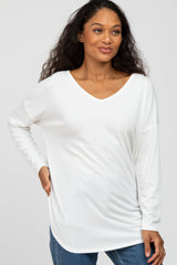 White Textured Long Sleeve Drop Shoulder V-Neck Maternity Top