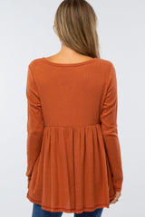 Dark Orange Knit Split Neckline Long Sleeve Top