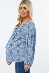 Blue Printed Off Shoulder Long Sleeve Maternity Blouse