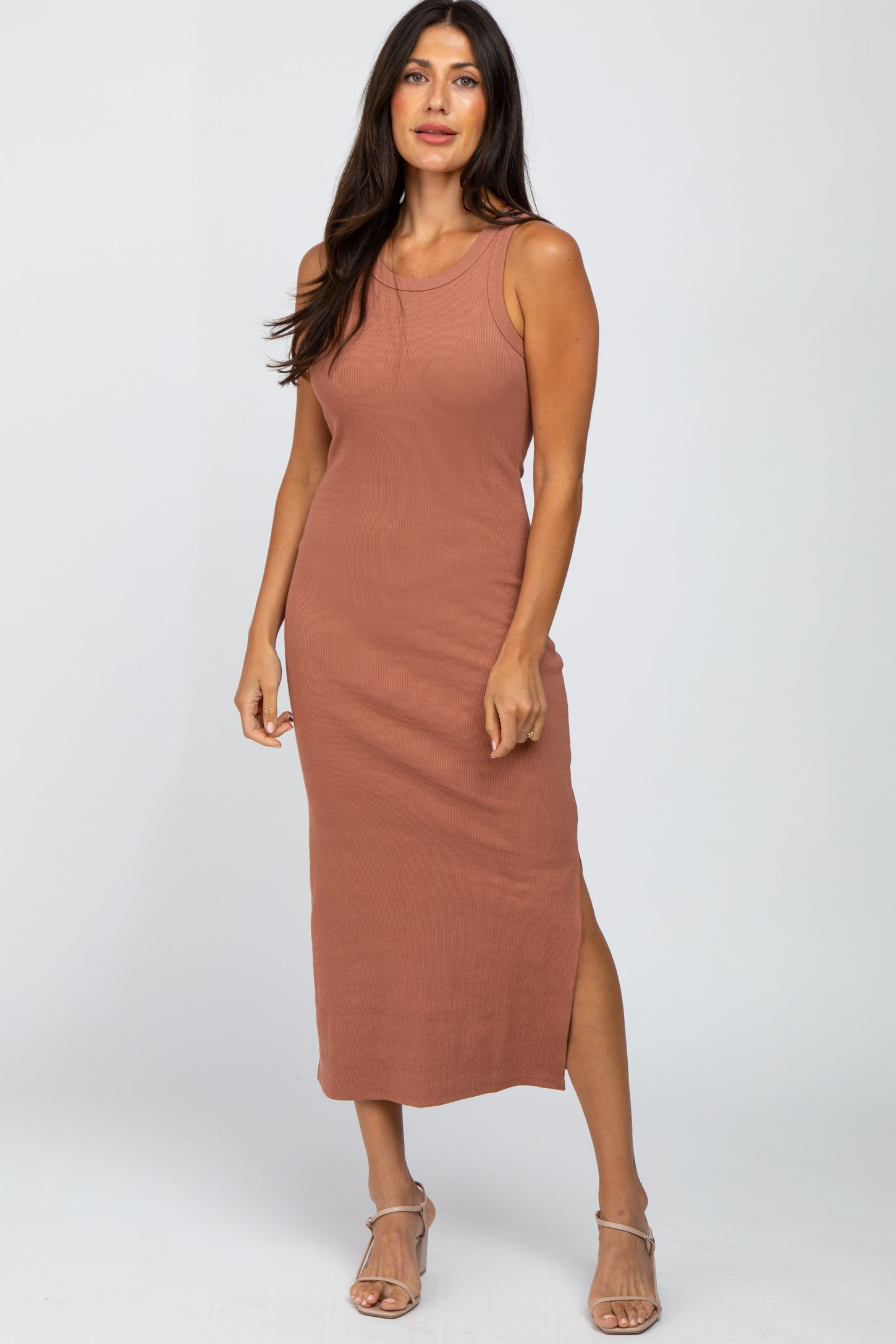 Mauve Ribbed Fitted Maternity Midi Dress